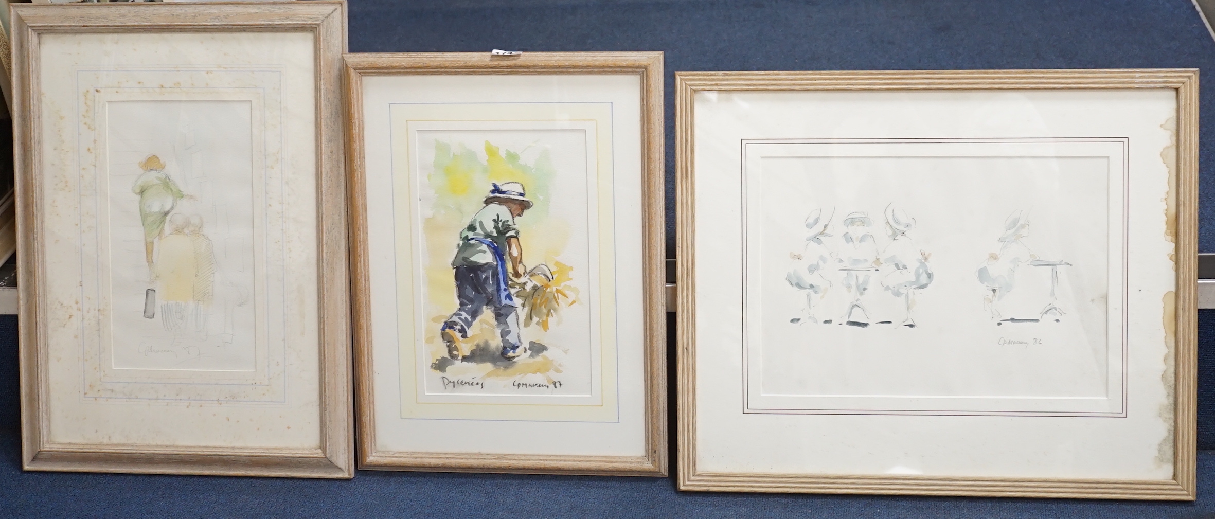 Charlie P. Mackesy (b.1962), three pencil and watercolour drawings, Ladies seated at tables, signed and dated '86, 24 x 25cm, 'Bedtime', dated '87, 29 x 16cm and 'Pyranees', dated '87, 28 x 18cm